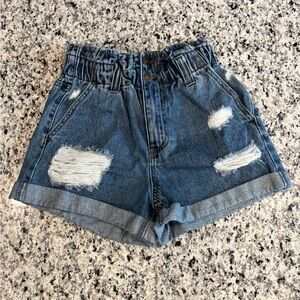 Forever 21 Distressed High-Waisted Stretchy Waist Cuffed Jean Shorts, Small